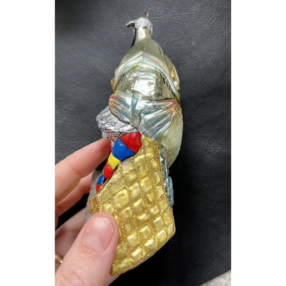 Slavic Treasures‎ Poland Blown Glass Xmas Ornament Fishing Pole, Bag and Fish